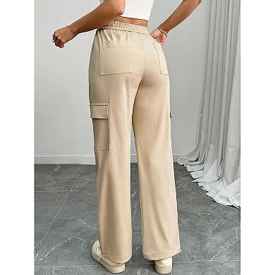 Women's High Waist Drawstring Cargo Pants, Wide Leg Multi-Pocket Casual Trousers