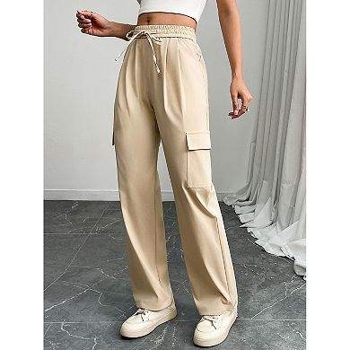Women's High Waist Drawstring Cargo Pants, Wide Leg Multi-Pocket Casual Trousers