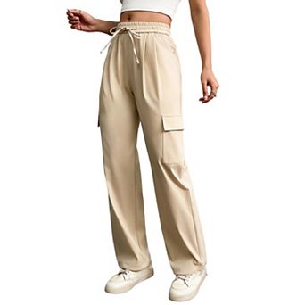 Women's High Waist Drawstring Cargo Pants, Wide Leg Multi-Pocket Casual Trousers