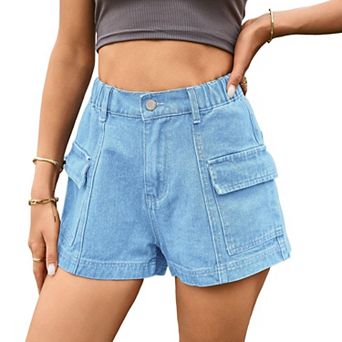 Women's High Waist Denim Cargo Shorts, Elastic Waist Pocketed Jean Shorts