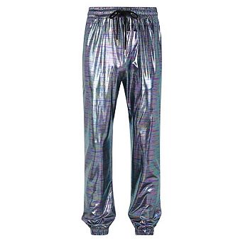 Mens Metallic Shiny Pants Holographic Rave Outfit Glimmering Party Drawstring Pants With Pockets