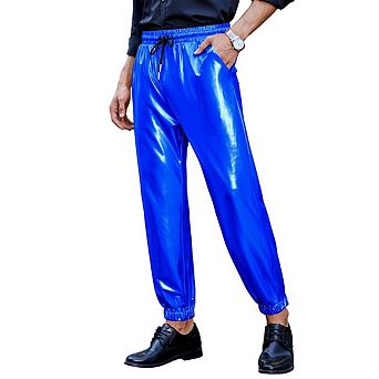 Mens Metallic Shiny Pants Holographic Rave Outfit Glimmering Party Drawstring Pants With Pockets