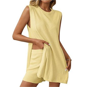 Women's Knit Two-Piece Outfit, Sleeveless Tunic Top and High Waist Shorts Loungewear Set