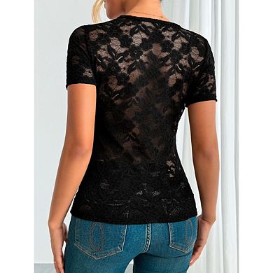 Women's Solid Color Slim Fit Lace Vest V Neck Casual Short Sleeve Lace Base Layer