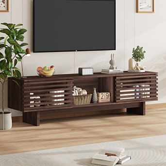63 Inch Farmhouse TV Stand Mid Century Entertainment Center with Louvered Door