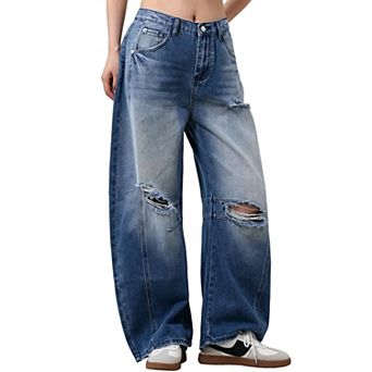 Women's High Waist Baggy Distressed Jeans, Ripped Wide Leg Casual Denim Pants