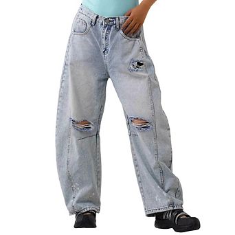 Women's High Waist Baggy Distressed Jeans, Ripped Wide Leg Casual Denim Pants