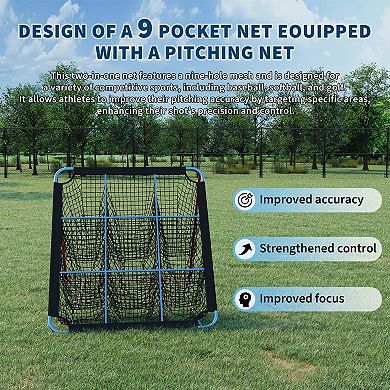 2in1 Baseball Rebounder Net with 9 Holes,Adjustable Portable Baseball Bounce Back Trainer