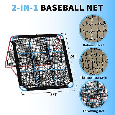 2in1 Baseball Rebounder Net with 9 Holes,Adjustable Portable Baseball Bounce Back Trainer