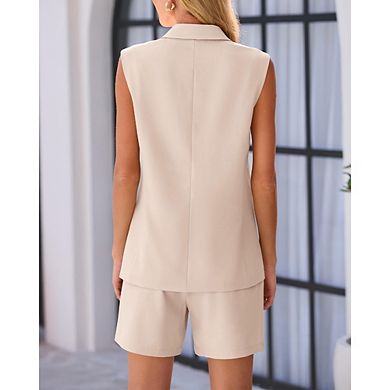 Women's Double-Breasted Blazer Vest and Shorts Set, Sleeveless Tailored Two-Piece Outfit