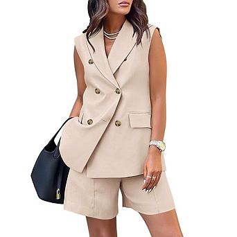 Women's Double-Breasted Blazer Vest and Shorts Set, Sleeveless Tailored Two-Piece Outfit