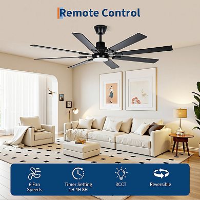 72In Black Ceiling Fan with Light,8 Plywood Blades,3CCT Dimmable LED,Remote&App Control,Living Room