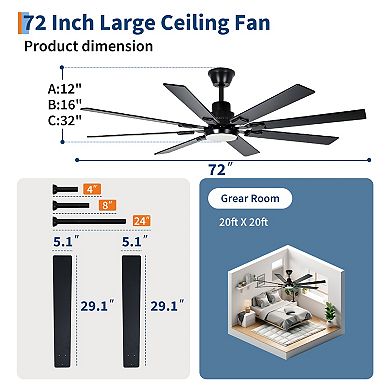72In Black Ceiling Fan with Light,8 Plywood Blades,3CCT Dimmable LED,Remote&App Control,Living Room