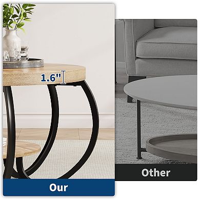 30" Round Farmhouse Coffee Table, Rustic Wood Grain Top with 2-Tier Open Shelf, Curved Metal Legs
