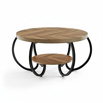 30" Round Farmhouse Coffee Table, Rustic Wood Grain Top with 2 tier Open Shelf, Curved Metal Legs