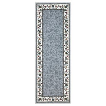 Washable Vintage Floral Bordered Rug, Low Pile Non-Slip Carpet for Living Room, Bedroom, Dining