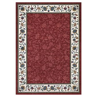 Washable Vintage Floral Bordered Rug, Low Pile Non-Slip Carpet for Living Room, Bedroom, Dining