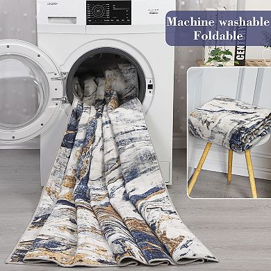 Area Rug Machine Washable Rug, Non-Slip Faux Wool Soft Floor Carpet, Low Pile Modern Abstract Rug