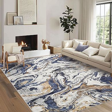Area Rug Machine Washable Rug, Non-Slip Faux Wool Soft Floor Carpet, Low Pile Modern Abstract Rug