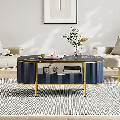 Modern 48"W Fluted Coffee Table with Drawer and Marbling Top Golden Frame for Living Room
