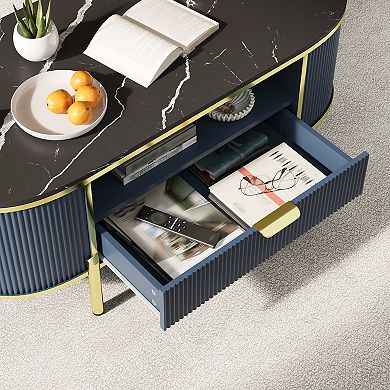 Modern 48"W Fluted Coffee Table with Drawer and Marbling Top Golden Frame for Living Room