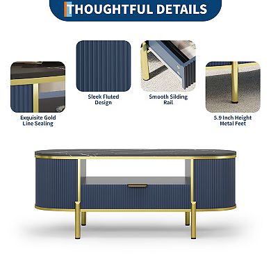 Modern 48"W Fluted Coffee Table with Drawer and Marbling Top Golden Frame for Living Room