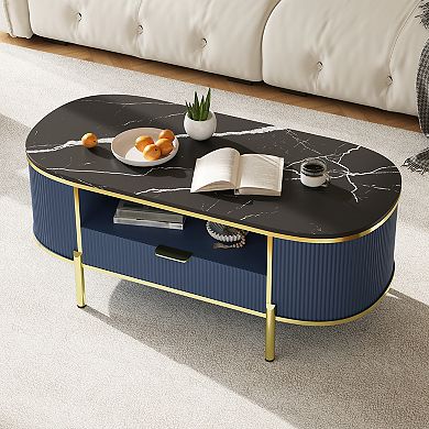 Modern 48"W Fluted Coffee Table with Drawer and Marbling Top Golden Frame for Living Room