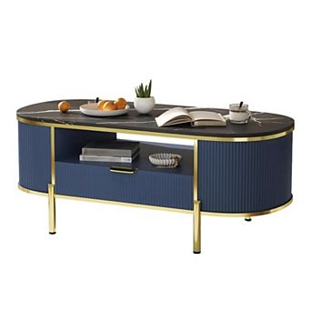 Modern 48"W Fluted Coffee Table with Drawer and Marbling Top Golden Frame for Living Room