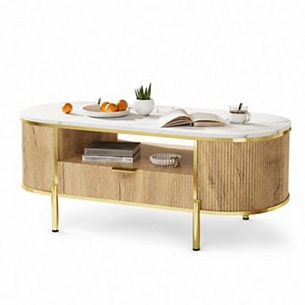 Modern 48"W Fluted Coffee Table with Drawer and Marbling Top Golden Frame for Living Room