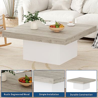 Modern 35" Square LED Coffee Table Wooden Cocktail Table for Living Room