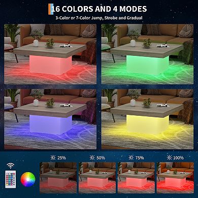 Modern 35" Square LED Coffee Table Wooden Cocktail Table for Living Room