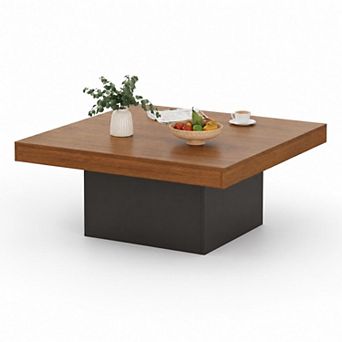 Modern 35" Square LED Coffee Table Wooden Cocktail Table for Living Room