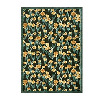 Washable Floral Area Rug, Non Slip Stain Resistant, Low Pile Carpet for Living Room, Bedroom