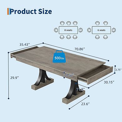 Wooden Kitchen Table with 2 Drawers for 6-8, Large Rectangular Double Pedestal, Sturdy Frame