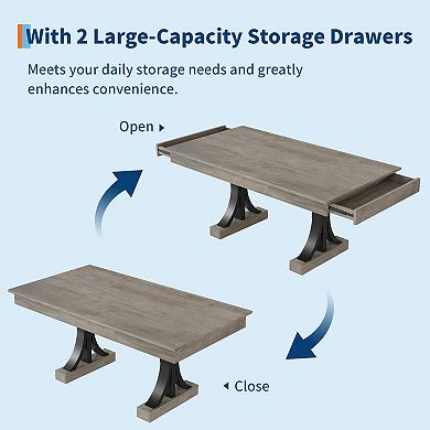 Wooden Kitchen Table with 2 Drawers for 6-8, Large Rectangular Double Pedestal, Sturdy Frame