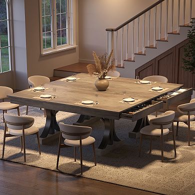 Wooden Kitchen Table with 2 Drawers for 6-8, Large Rectangular Double Pedestal, Sturdy Frame