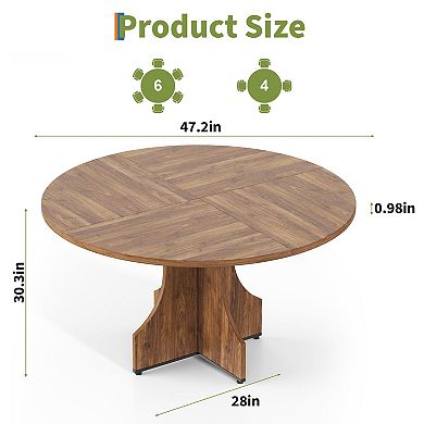 47'' Rustic Wooden Round Table, Adjustable Legs, Storage Shelf, 4-6 Seater for Kitchen & Dining Room