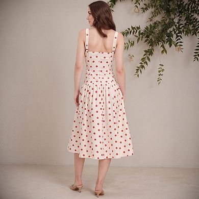 Women Polka Dot Dress Spaghetti Strap Button Sundress