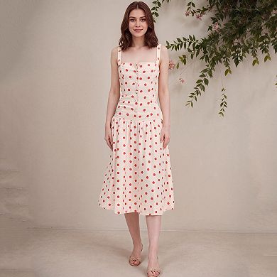 Women Polka Dot Dress Spaghetti Strap Button Sundress