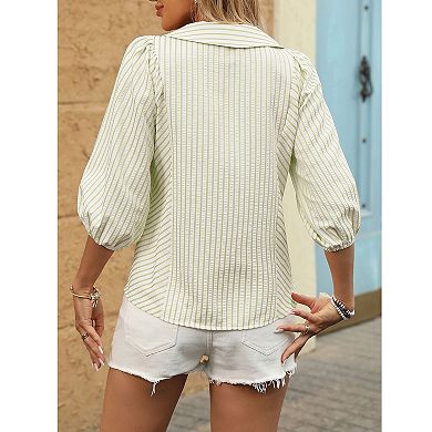Women's Striped Peter Pan Collar Blouse Puff Sleeve Button Down Sweet Casual Business Shirt