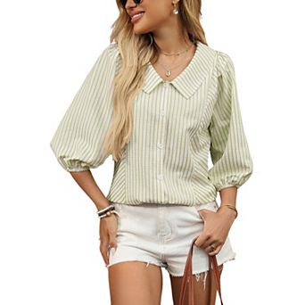 Women's Striped Peter Pan Collar Blouse Puff Sleeve Button Down Sweet Casual Business Shirt