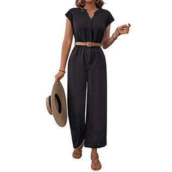 Women Casual V Neck Short Sleeve Wide Leg Jumpsuit