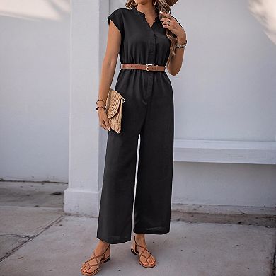 Women Casual V Neck Short Sleeve Wide Leg Jumpsuit