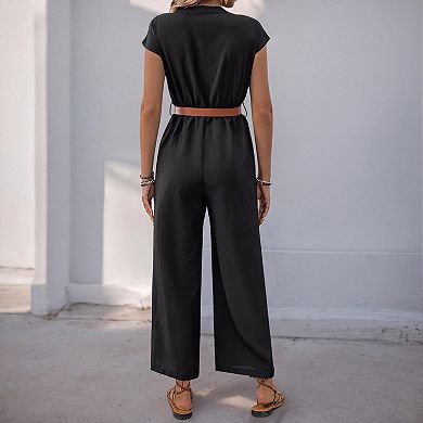 Women Casual V Neck Short Sleeve Wide Leg Jumpsuit