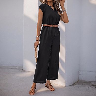 Women Casual V Neck Short Sleeve Wide Leg Jumpsuit