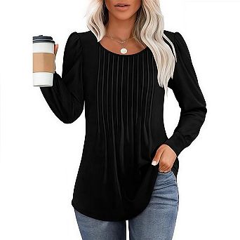 Womens Long Sleeve Shirts Casual Tunic Fashion Dressy Tops Pleated Crew Neck Puff Sleeve Blouses