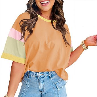 Womens Loose Fit Color Block Stitching T Shirts Summer Casual Short Sleeve Crew Neck Tops