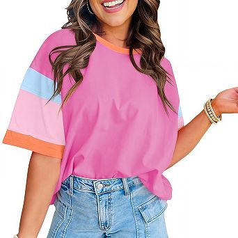 Womens Loose Fit Color Block Stitching T Shirts Summer Casual Short Sleeve Crew Neck Tops