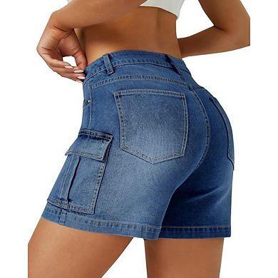 Womens Cargo High Waisted Microelastic Straight Leg Long Denim Shorts