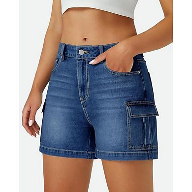Womens Cargo High Waisted Microelastic Straight Leg Long Denim Shorts